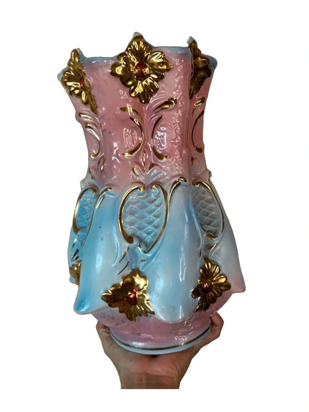 Vintage Italian Hand Painted Ceramic Vase Pink Blue Gold Gilt 12.5”